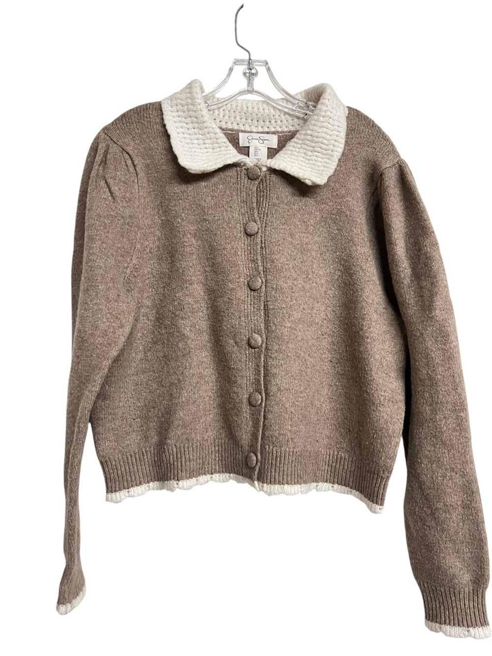 Jessica Simpson Taupe Cardigan with Cream Textured Collar Old Money Cottagecore